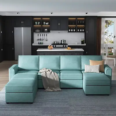 Velvet Modular Sectional Sofa - 7 Seat U-Shaped Mid-Century Modern Azure Green • $1467.32