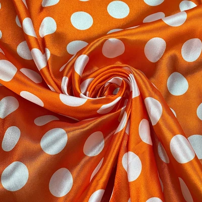 £1.49 • Buy White Polka Dot Spotty Printed Satin Fabric Dress Material 60  Wide - ORANGE