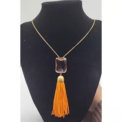 J. Crew Pink Crystal Orange Tassel Seed Bead Gold Tone Necklace • $30