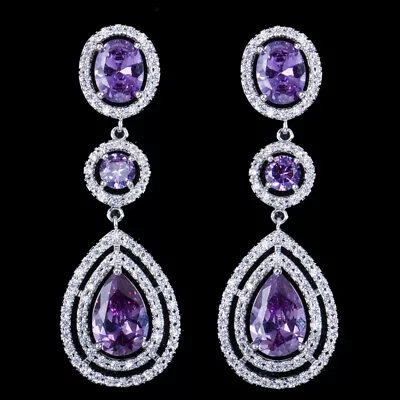 Fashion Purple Black Cubic Zircon Stone Long Bridal Wedding Drop Dangle Earrings • $10.34