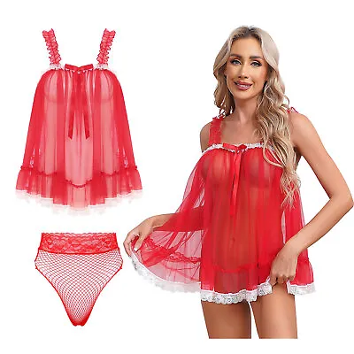 US Women Sheer Lingerie Camisole Mesh See Through Top Sleepwear Panties Bikini  • $7.19