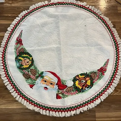 Vintage Felt With Santa Rudolph Elves Screen Print Tree Skirt 46” Round • $22.99