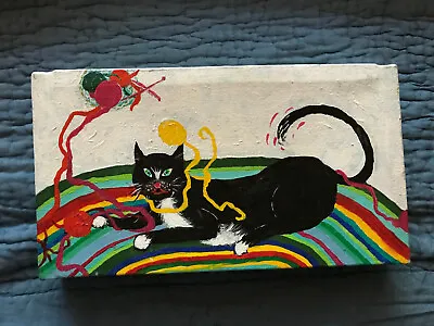 CAT Crazy Mod PAINTING 70s Hand Painted Cat With Yarn Rainbow • $62