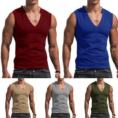 Men Sleeveless T-shirt Deep V Neck Tank Sports Gym Muscle Bodybuilding Tee TopsⓏ • $11.34