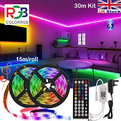 LED Strip Lights 1-30m RGB Colour Changing Tape Cabinet Kitchen TV Lighting Set • £18.39