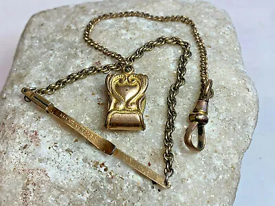 Tie Bar W/ Chain & Heart Themed Watch Fob Lot Krementz USA Goldtone Mens Jewelry • $29.95