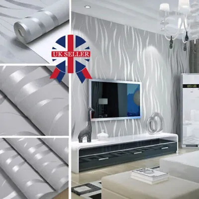 UK 3D Damask Sliver Wave Wallpaper Roll Home Decor Silver Grey Wall Paper Rolls • £7.89