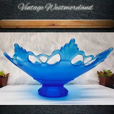 Vintage Westmoreland Doric Open Lace Blue Satin MILK GLASS PEDESTAL FRUIT BOWL • $55