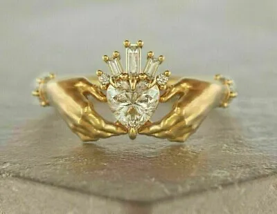 2Ct Heart Real Moissanite Claddagh Engagement Ring 14K Gold Plated Silver • $220.49