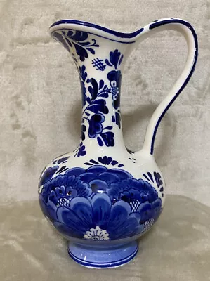 Vintage Delft Blue 6.5  Water Pitcher Floral Small Hand Painted Cobalt Blue Vase • $12