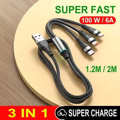 3 In 1 USB Fast Charging Cable 100W/6A For IPhone Android- 1.2M/2M • $11.99