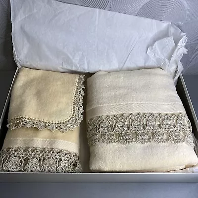 Vintage Martex Towel Set Bath Towel Hand Washcloth Crochet Fringe Ivory • $59.99