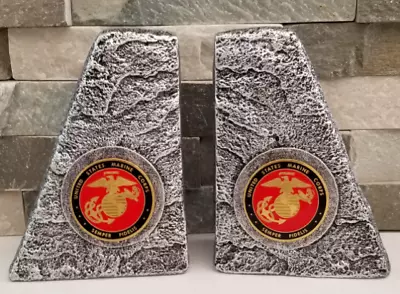 USMC United States Marine Corps Set Of Dry Brush Silver Bookends USMC Emblems • $74.99