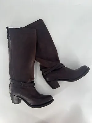 Frye Jane Boots Womens 7B Brown Leather Strappy Riding Heeled Knee High Pull On • $64.01