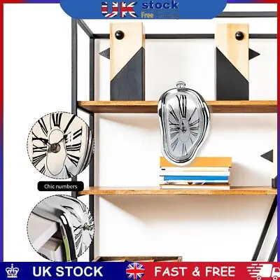 Melting Clock Modern Surrealistic Shelf Decor Distorted Clock (Silver) • £10.19