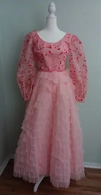 Vtg Nadine 1960s Pink Flocked Velvet Ruffled Long Maxi Dress I Sz Sm I • $105