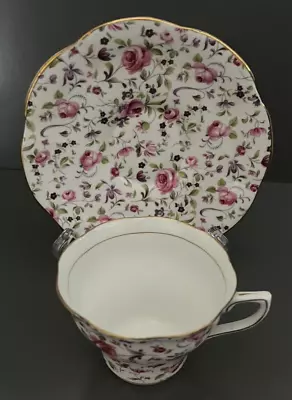 Rosina Bone China Pink Rose Purple Violet Chintz Cup & Saucer Set Gold Accents • $19.95