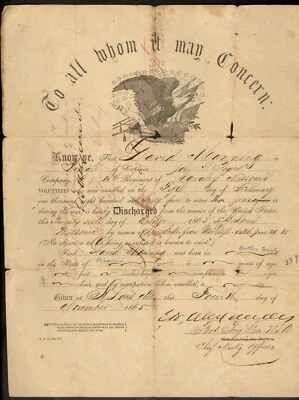 $195 • Buy 1865 Eagle Discharge Signed Twice By Brigadier General Edmund B. Alexander