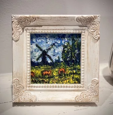 Original Van Gogh Windmill Landscape Painting Miniature Signed Framed 3x3 Art MK • $99