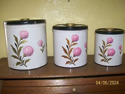 Vintage 1950's DECOWARE Metal Canister Set Of 3 PINK THISTLE • $27.99