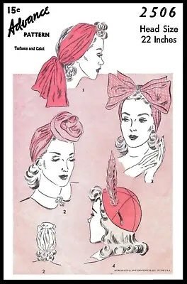 Vintage Advance #2506 Turban & Calot Hat Fabric Sewing Pattern Chapeau Chemo 22  • $5.49