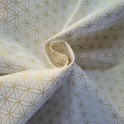 Metallic Gold Flower Of Life On White Cotton Shirting/Quilting - Chic! OEKO-TEX • £11.40