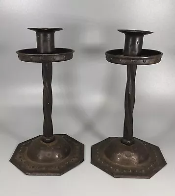 Set Of 2 Vintage German Arts & Crafts Hand Made Hammered Metal Candle Holders • $175.99