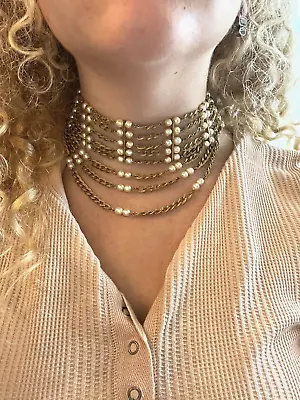 Miriam Haskell Baroque Pearl And Brass Chain Choker • $375