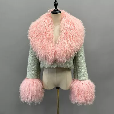Women Cropped Mongolian Fur Coat Natural Fluffy Warm Fashion Short Wool Jacket • $147.98