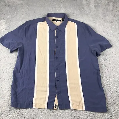 Nat Nast Bowling Shirt Mens XL Blue/Beige Striped Silk Blend Button Up Short Slv • $36.88