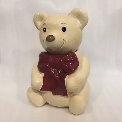 TEDDY BEAR METLOX USA COOKIE JAR  CERAMIC Cream BODY Burgundy BOW Tie 12  • $45