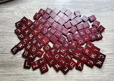 Vintage Scrabble Letter Tiles Burgundy Maroon Red Wood 99 Tiles 4 Trays • $14.88