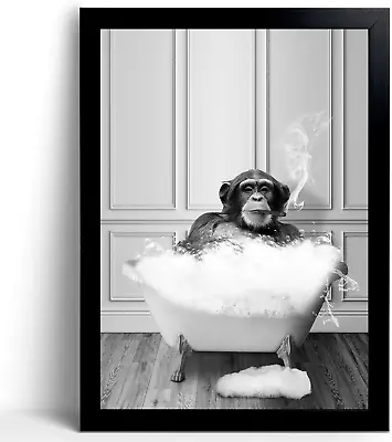 Monkey In Tub - Black And White Animals Wall Art - Framed Canvas Wall Art Black • $11.75