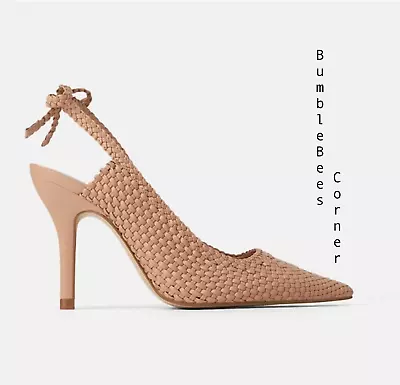 ZARA High Heel BRAIDED WOVEN Slingback BOW TIES Peach Beige Shoe 37 NIB 1217/001 • £53.03