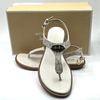 Michael Kors Women's Logo MK Plate Thong Flat Sandal [Vanilla White Pick Size] • $49.99