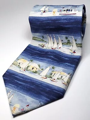 TOMMY BAHAMA Handmade Silk Tie Men's 61  Long Blue Green White SAILBOAT New • $11.99