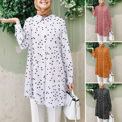 UK Women Polka Dot Printed Long Sleeve Tops Shirt Casual Loose Short Mini Dress • $26.79