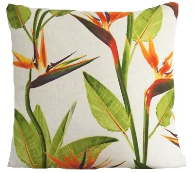 Birds Of Paradise Cushion Cover Linen Floral Printed Fabric Orange Green 16x16  • £9.99