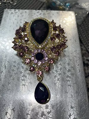 Vintage Gold Tone Big Massive Beautiful Brooch With Purple/clear Rhinestones • $35