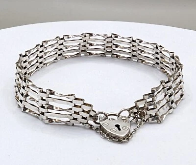 Vintage 1985 925 Sterling Silver Traditional 5 X Bar Gate Bracelet Heart Padlock • £34.99