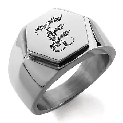 Stainless Steel Royal Initial Monogram Letter E Mens Hexagon Crest Signet Ring • $15