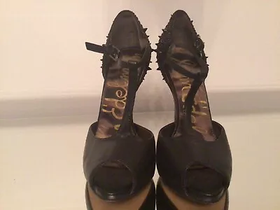 Sam Edelman Black Metal Spike Stud Pin Heel T Bar Strappy Peep Toe Heels 3 / 36 • £25