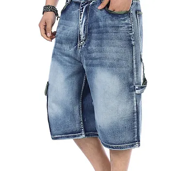 Mens Loose Pants Denim Cargo Short Denim Hip Hop Baggy Cute Shorts Jean 30-46 UK • $66.91