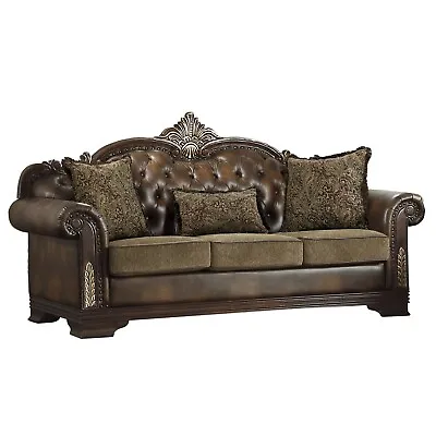 Ornate Antique Style Brown Faux Leather Tufted Leather Sofa Couch Furniture • $1399