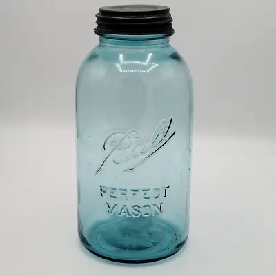 Vintage 1900-1920's Ball Perfect Mason 1/2 Gallon Jar Zinc Glass Lid Blue #5 • $27.94
