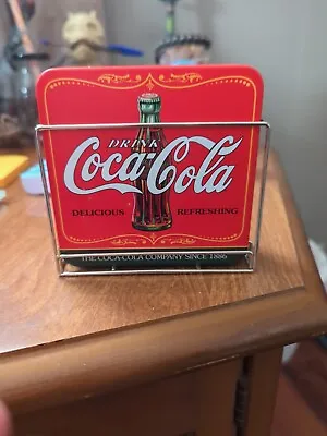 Vintage Set Of 4 Red Coca Cola Square Tin Coasters W/ Metal Holder Cork Bottoms • $6.99