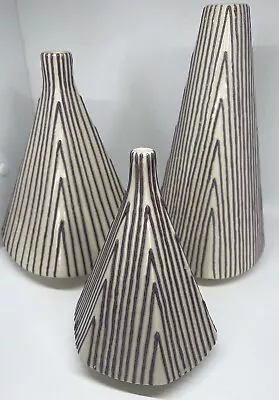 Set Of 3 Ceramic Flower Bud Vase Modern Beige Purple Stripe Textured Pyramid • $75