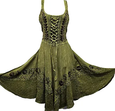 Knee Length Boho Dress Casual Henna Green Rayon Flare Corset One Size 10 12 14 • £22.99