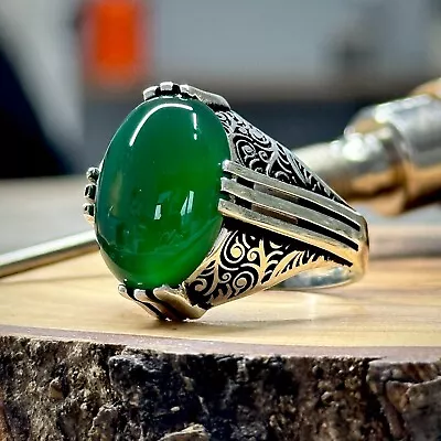 Silver Men Green Agate Ring Silver Vintage Ring Green Aqeeq 925k Silver Ring • $59