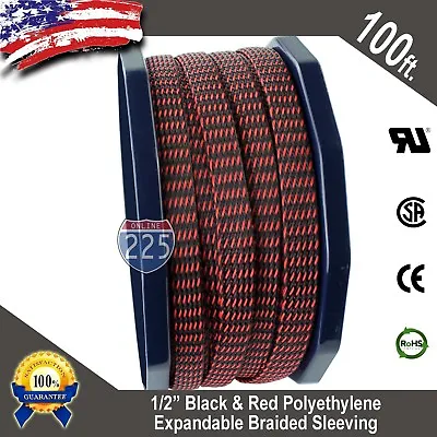 100 FT 1/2  Black Red Expandable Wire Sleeving Sheathing Braided Loom Tubing US • $22